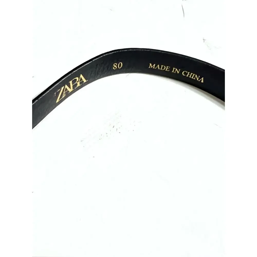 Zara BLACK THIN LEATHER BELT WITH GOLD METAL BUCKLE CLOSURE